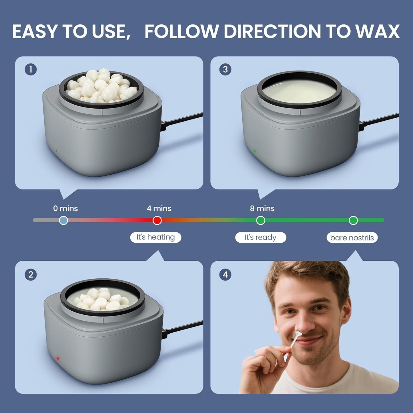 Nose Wax Kit Men, Nose Hair Waxing Kit with 100g Wax, 40 Sticks, Ear Hair Removal for Men, USB Fast Heat, Smart Constant Temp, Upgraded Size, Multi-Accessories, Gray