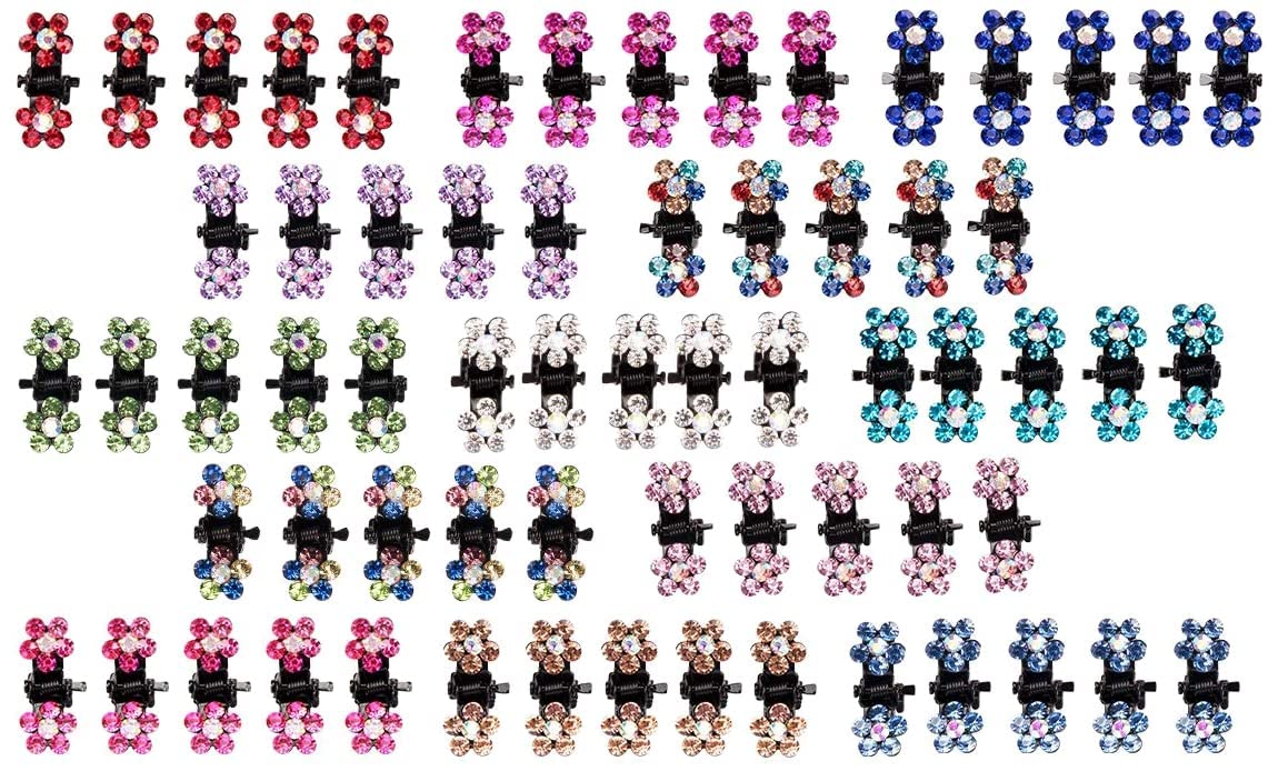 ANBALA Mini Claw Clips - 65pcs No-Slip Grip Jaw Clips with Glitter Teeth, Rhinestone Metal Clamps in Mix Colored Flower Designs for Women & Girls