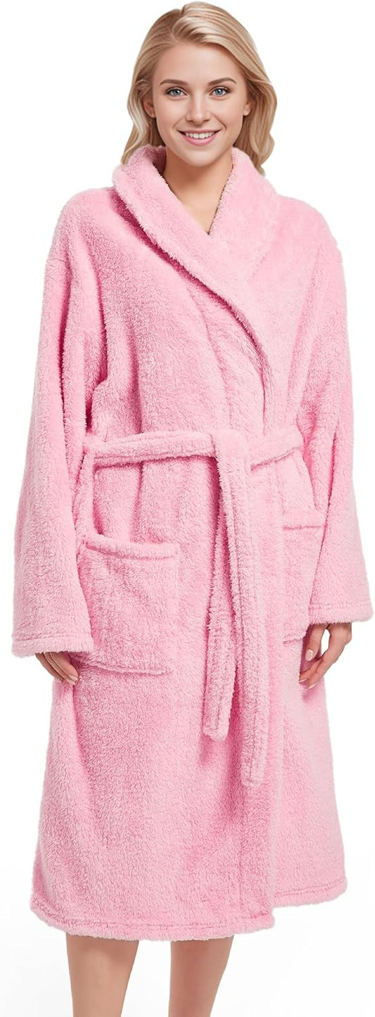 Inner Wish Womens Plush Fleece Robe, Cozy Warm Bathrobe Fuzzy Female Spa Robe With Pockets