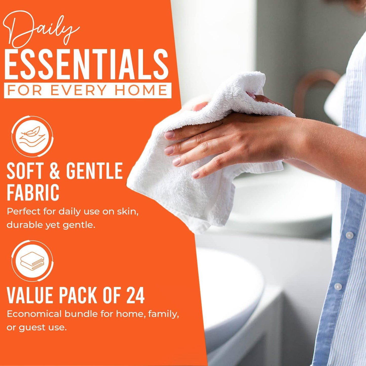 DAN RIVER 100% Cotton Wash Cloths 24 Pack [12x12] Soft & Absorbent washcloths for face, Gym, Hotels & Spa Perfect for Everyday Use Fingertip Towels, Orange