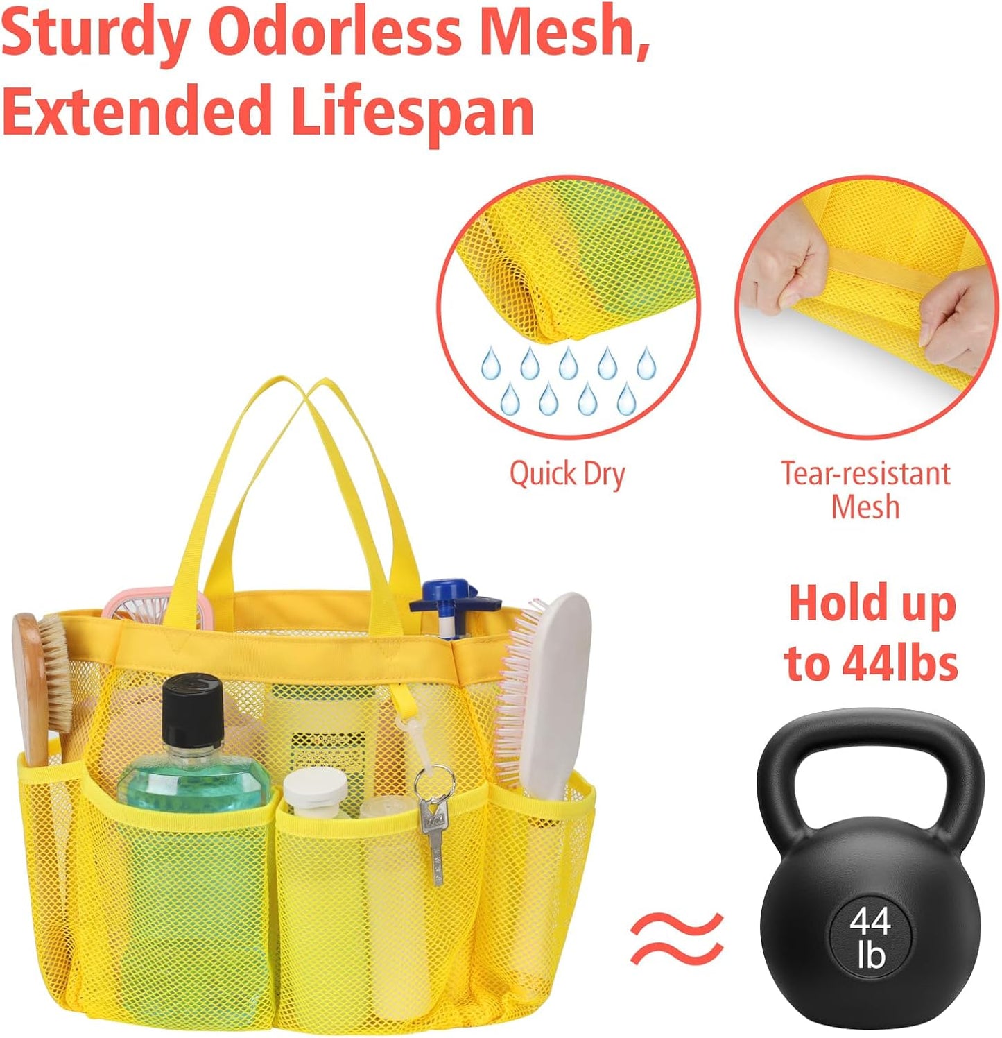 F-color Mesh Shower Caddy Portable, Upgrade Deeper 7 Pockets Shower Bag Basket Tote for College Dorm Room Toiletry Bathroom Essentials Gym Camp Quick Dry 2 handles with S Hook, Yellow