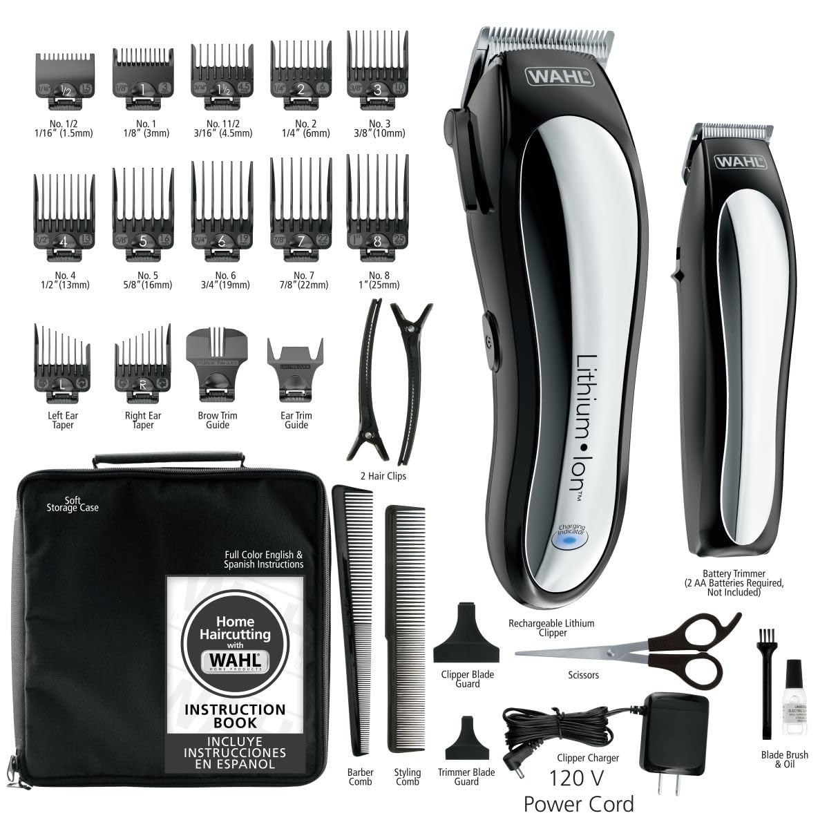 Wahl USA Clipper Rechargeable Lithium Ion Cordless Haircutting Clipper & Battery Trimming Combo Kit – Electric Clipper for Grooming Heads, Beards, & All Body Grooming – Model 79600-2101P