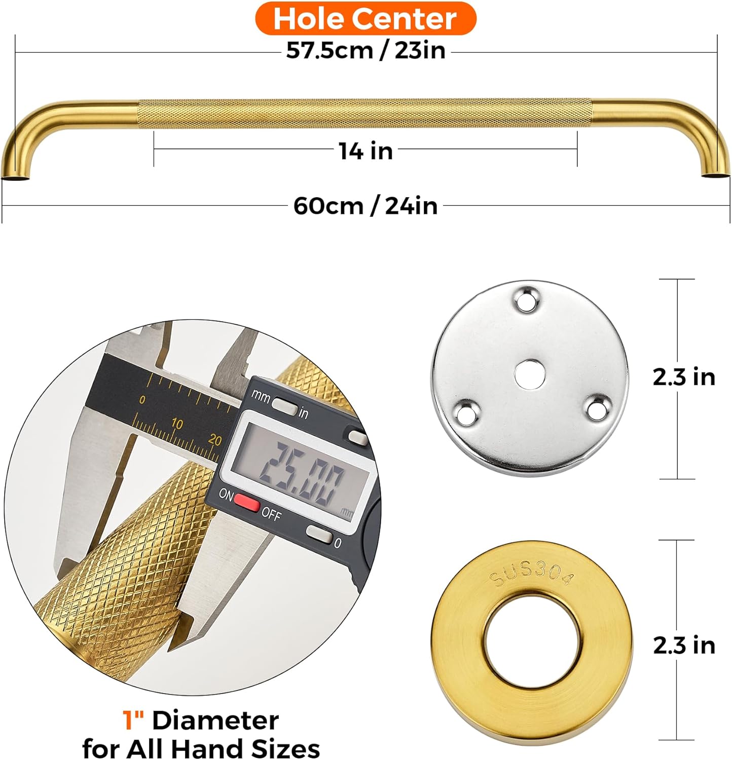 Grab Bars for Shower, 2 Pack 24-Inch Anti Slip Shower Handles for Elderly, Safety Shower Grab Bar, Stainless Steel Handicap Grab Bars for Bathroom,Toilet (Gold, 1" Diameter)