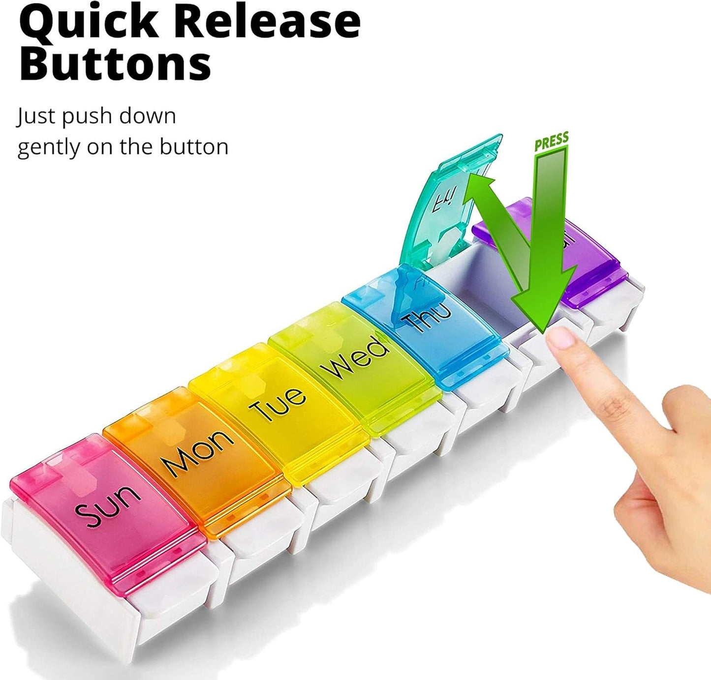 PERFORMORE Portable Weekly 7-Day Pill Organizer, Travel Medicine Box, Rainbow Color, BPA Free with Easy Push Button Design Case Holder for Pills, Vitamin, Supplements and Medicine