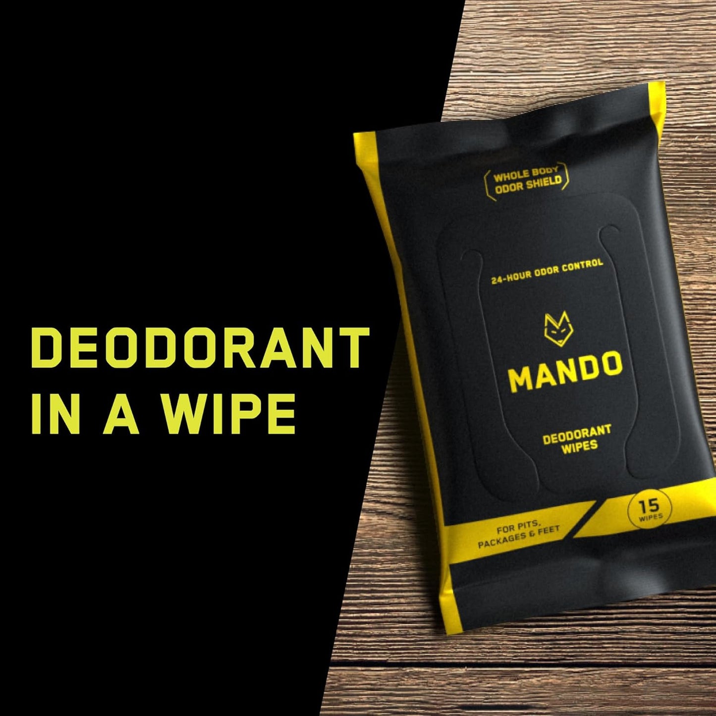 Mando Deodorant Wipes - 24 Hour Odor Control - Aluminum Free, Baking Soda Free, Skin Safe (15 Count (Pack of 3)