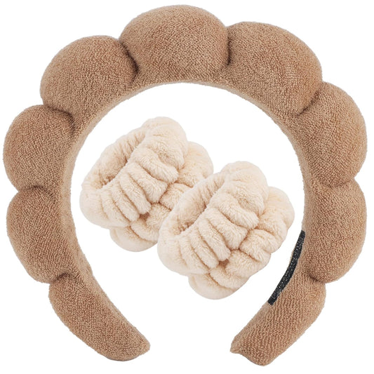 Zkptops Spa Headband for Washing Face Wristband Set Sponge Makeup Skincare Terry Cloth Bubble Soft Get Ready Hairband for Women Girl Puffy Padded Headwear Non Slip Thick Hair Accessory(Brown-2)