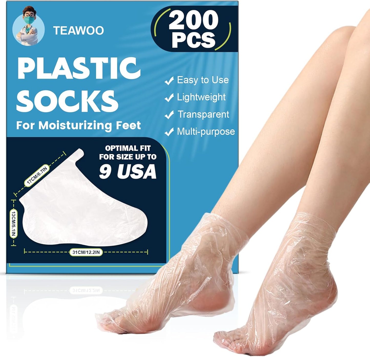 200PCS Plastic Foot Covers for Feet, Leak-Proof Plastic Foot Masks for Moisturizing Feet, Pedicure & Foot Care, 200 Stickers for Snug Closure Included (Fits up to USA 9)