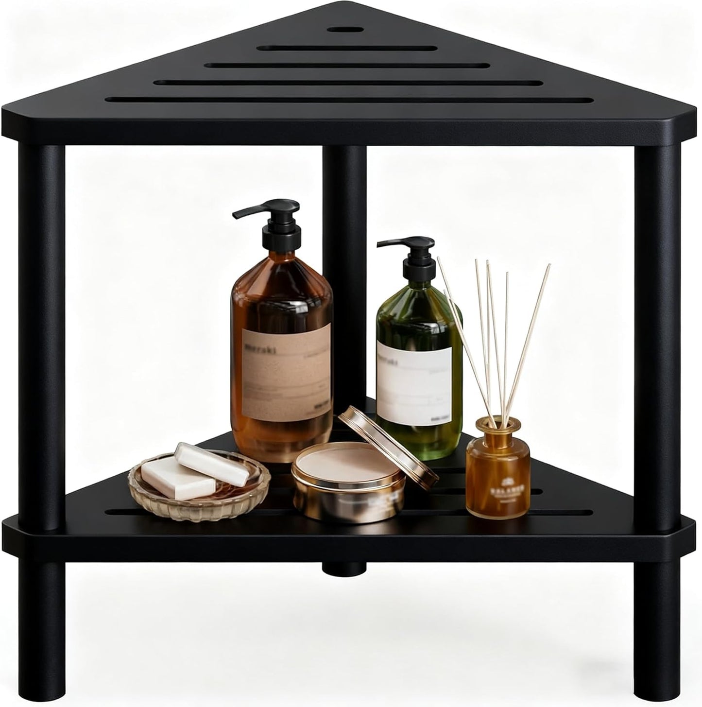 Bamboo Corner Shower Stool - Waterproof Shower Stool for Inside Shower, Shaving Legs & Small Spaces, 2-Tier Shower Foot Rest with Storage Shelf, Bath Seat & Corner Bench for Woman, Mom, Spa - Black