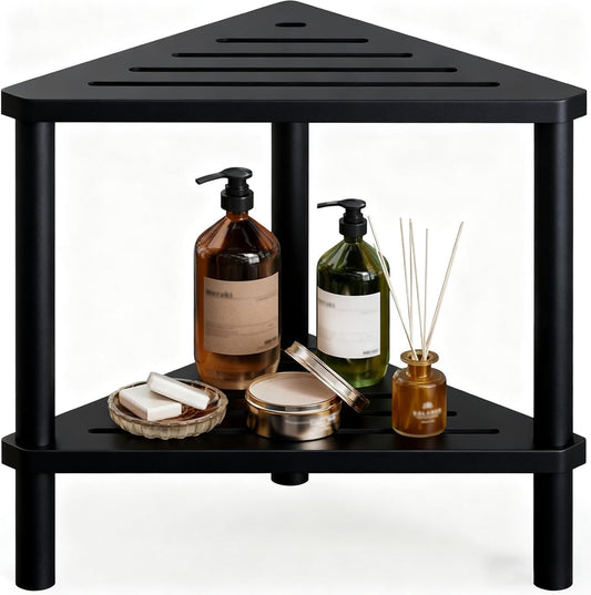 Bamboo Corner Shower Stool - Waterproof Shower Stool for Inside Shower, Shaving Legs & Small Spaces, 2-Tier Shower Foot Rest with Storage Shelf, Bath Seat & Corner Bench for Woman, Mom, Spa - Black