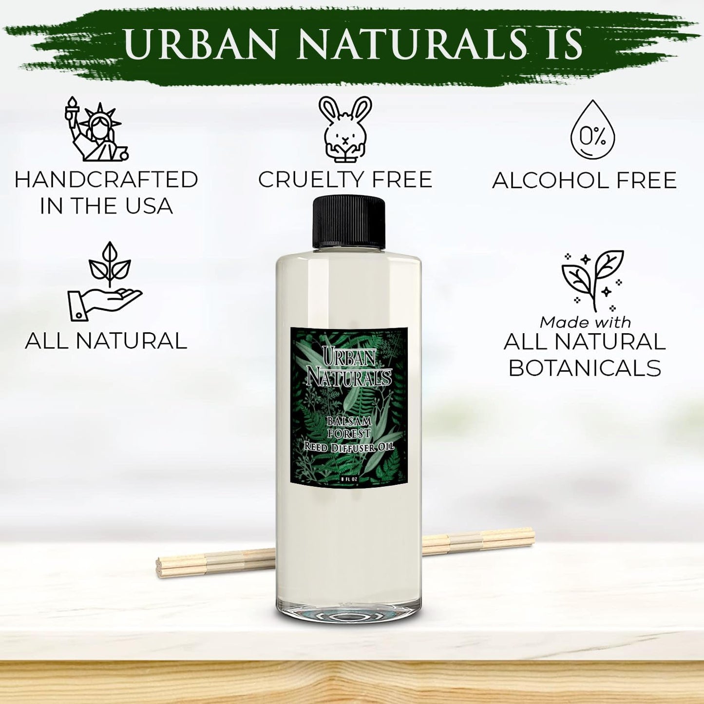 Urban Naturals Reed Diffuser Oil Refill Balsam Forest with Balsam Fir, Pine Needles, Evergreen, Cedar, Sandalwood 8 oz + Free Reed Sticks, Made in The USA