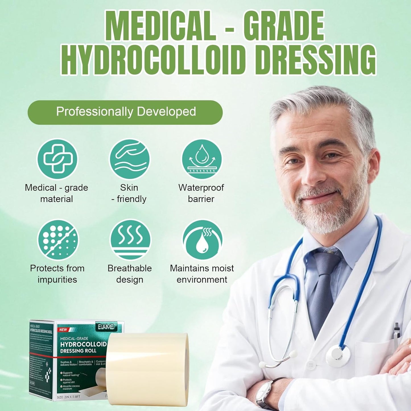 Hydrocolloid Bandages Roll for Wound Care Cut to Size Wound Dressing Hydrocolloid Patch Bandages with Self-Adhesive for Burn, Blister, Acne Care, Sterile and Waterproof (2in X 12ft)