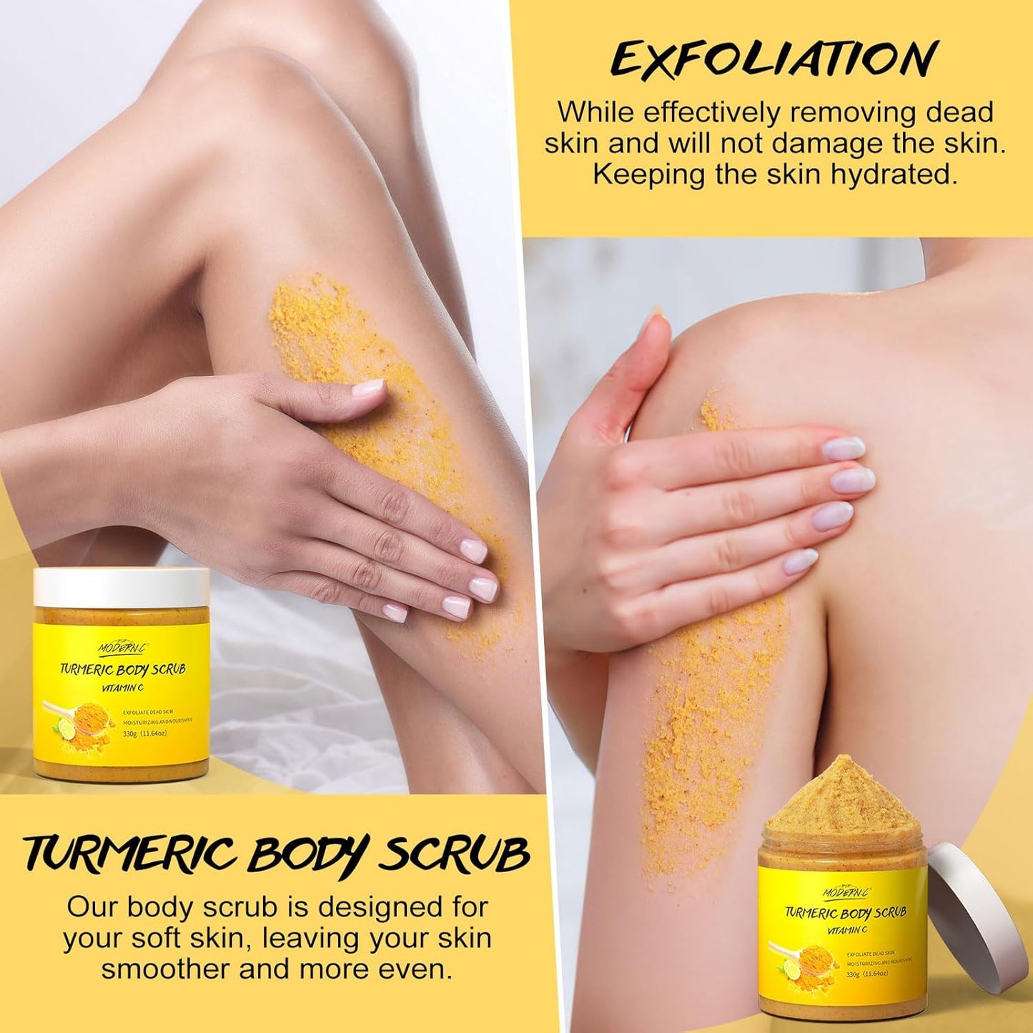 POP MODERN.C Turmeric and Vitamin C Body Scrub Remove Dead Skin Improve Dark Spots Acne Natural Organic Exfoliating Deep Cleansing Exfoliator for Body Butt Bikini Area Body Care with Loofah