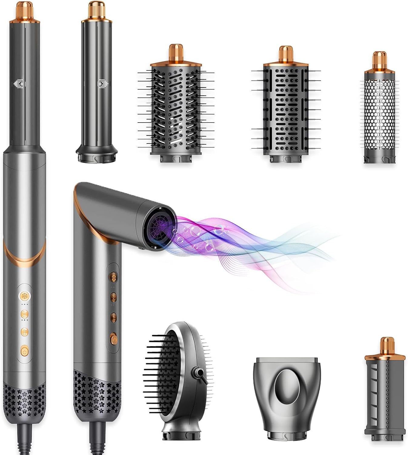 8 in 1 Negative Ionic Foldable Wrap Air Hair Styler Set, 110000 RPM High-Speed Hot Air Brush Blow Dryer for Curl, Fast Drying, Straightening - Multifunctional Hair Dryer Brush with Attachments