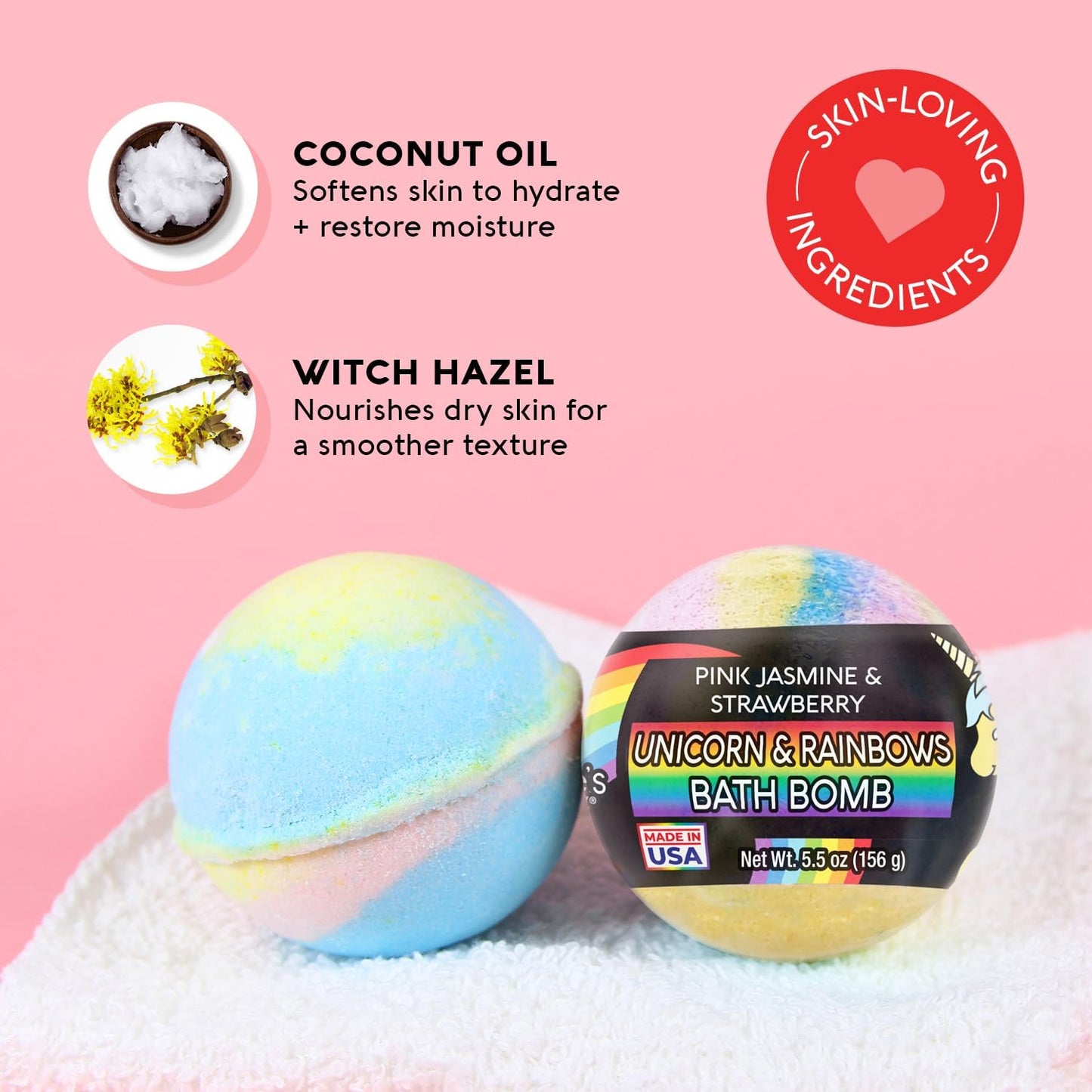 Nature's Beauty Unicorns & Rainbows, Pink Jasmine & Strawberry Scent Bath Bomb for Kids Multi-Pack - Natural, Non-Staining, Fun Bubbly Fizzy Spa Bomb, Made w/Coconut Oil + Witch Hazel, 5.5oz (4 Pack)