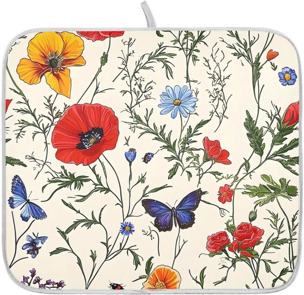 Butterfly Red Tulip Wildflower Dish Drying Mats for Kitchen Counter Absorbent Microfiber Dish Drying Matt 16 x 18 Inch Draining Reusable Rack Pad