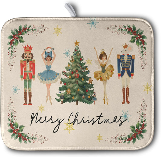 Merry Christmas Nutcracker Dish Drying Mat for Kitchen Counter 16x18 Inch Winter Xmas Tree Snowflakes Drying Mats Microfiber Absorbent Dish Drainer Washable Dish Rack Pad for Sink Coffee Bar
