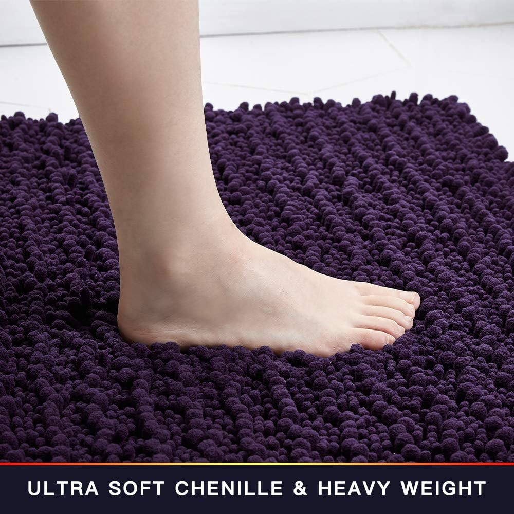 Walensee Bathroom Rug Non Slip Bath Mat (24x17 Inch Dark Purple) Water Absorbent Super Soft Shaggy Chenille Machine Washable Dry Extra Thick Perfect Absorbant Best Small Plush Carpet for Shower Floor