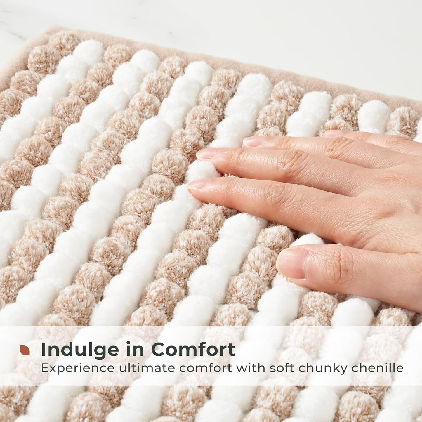 FRESHMINT Chunky Ombre Chenille Bathroom Rug 24"x36", Large Water Absorbent Soft Bath Rugs for Bathroom Floor, Thick Non Slip Cute Bath Mat Washable Quick Dry Shower Mats, Beige and White