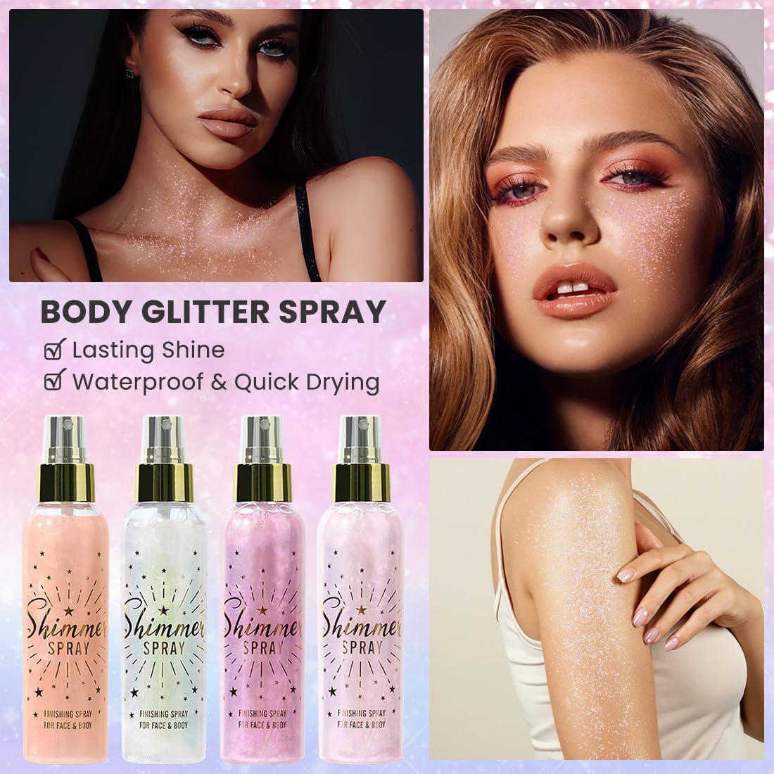 Glitter Spray for Hair and Body, Glitter Body Spray, Glitter Spray for Clothes, Quick-Drying Waterproofing Body Shimmer Suitable for Festival Rave 3.72fl Oz (White, 3.72 fl oz)