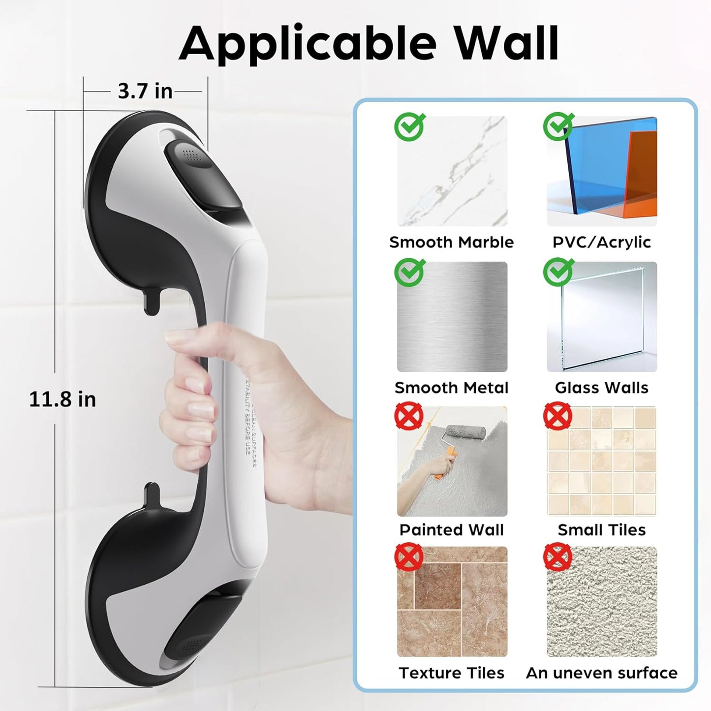 2 Pack 12 Inch Grab Bars for Bathtubs and Showers for Seniors, Heavy Duty Shower Handle for Elderly, Suction Cup Removable Handrails Handicap Bath Grip Bathroom Safety Grips (Black and White