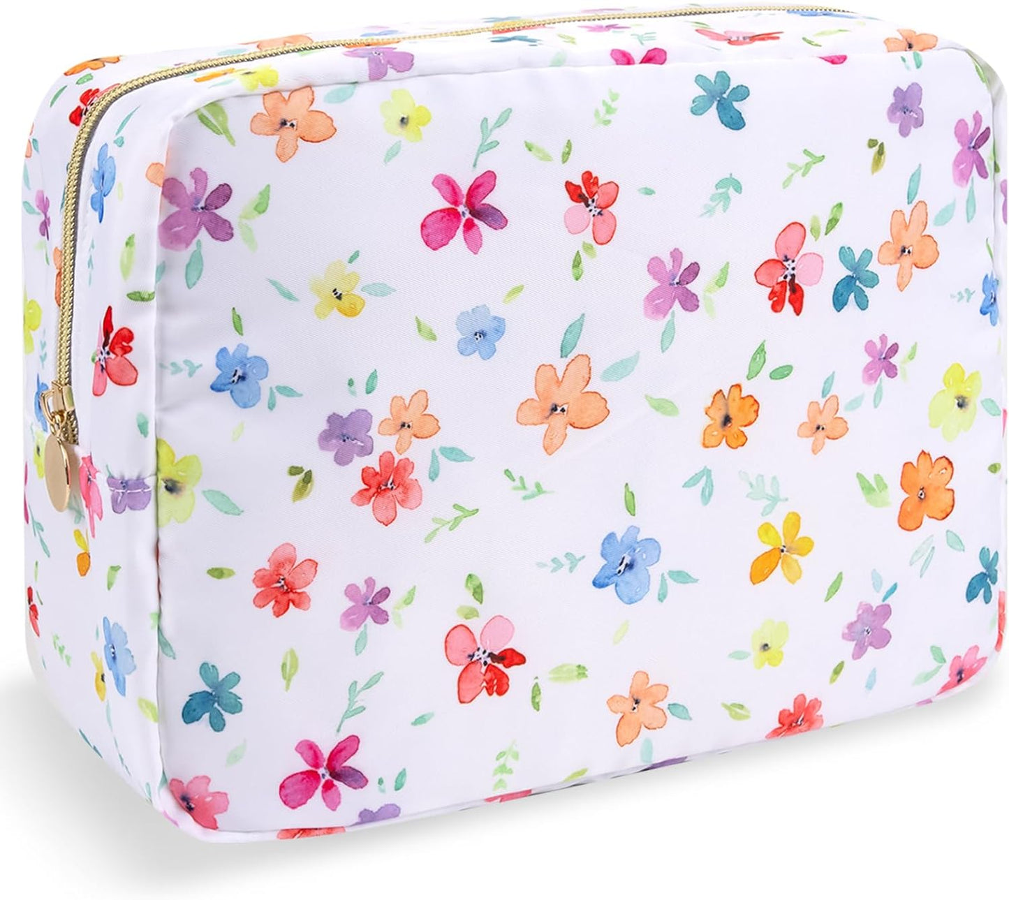 Nylon Large Floral Makeup Organizer Bag, Preppy Big Cute Flower Cosmetic Zipper Pouch Multi-compartment with Dividers, Waterproof Toiletry Makeup Brushes Bag Travel Essentials for Women(White-Flower)
