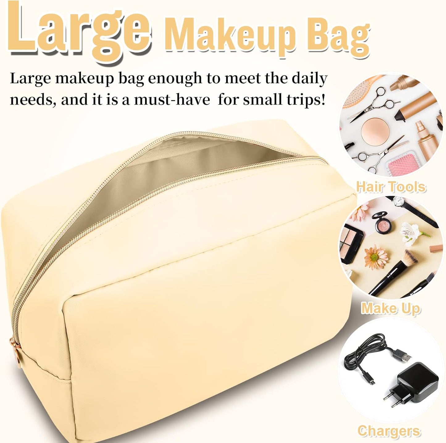 Nylon Large Makeup Bag Travel Pouch for Women, Preppy Big Makeup Bag Cute Cosmetic Zipper Pouch Purse, DIY Chenille Letter Bag Waterproof Toiletry Bag Clutch Makeup Organizer for Girls (Beige)