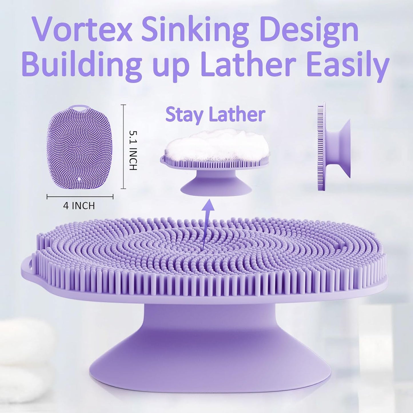Soft Silicone Body Scrubber, Gentle Like a Hand Exfoliating Your Skin and Build Up Lather Easily, Back Large Suction Cup Easy to Store, Long-Lasting & Deep Clean (Purple)