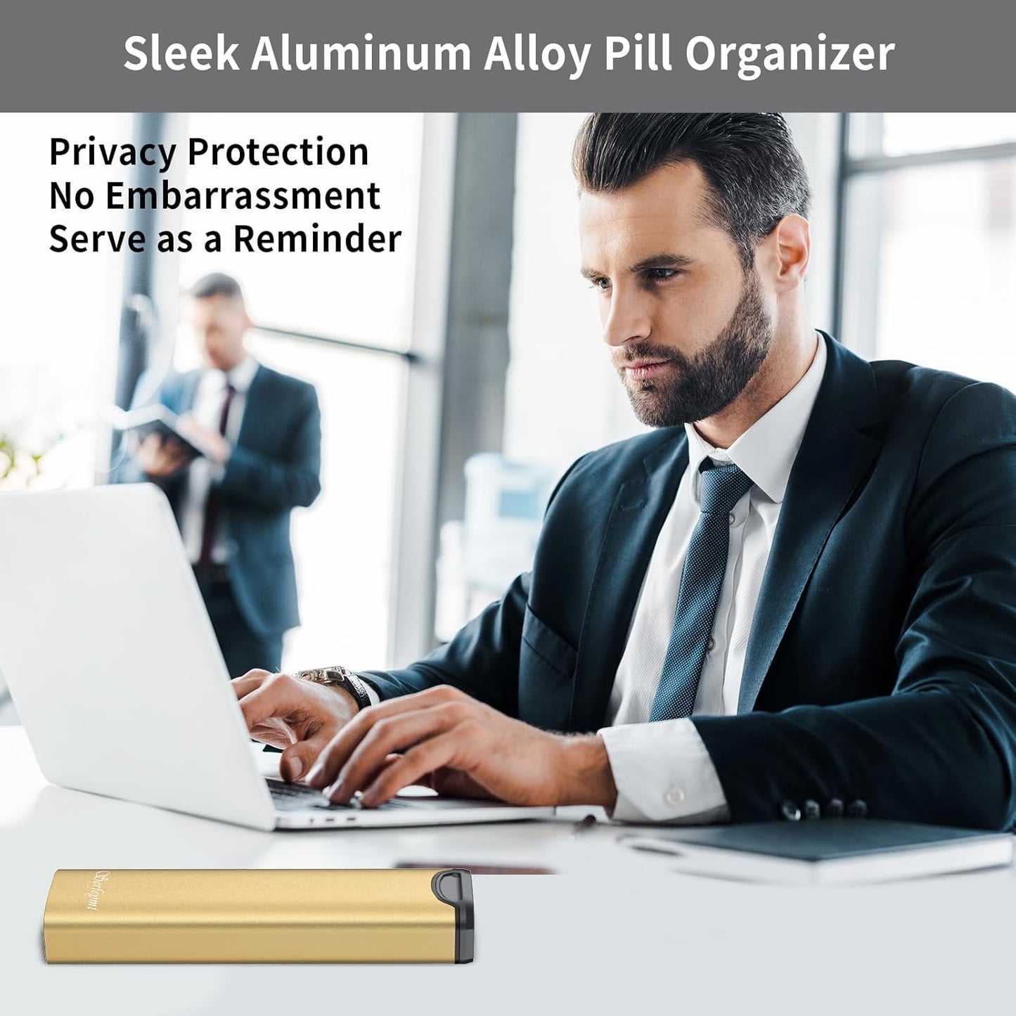 Metal Weekly Pill Organizer, Serfeymi Aluminum Daily Pill Box(Spare Gasket Provided),7 Day Pill Case Travel Medicine Organizer,Pill Containers with Individual Lid for Vitamins,Pills, Supplement-Gold