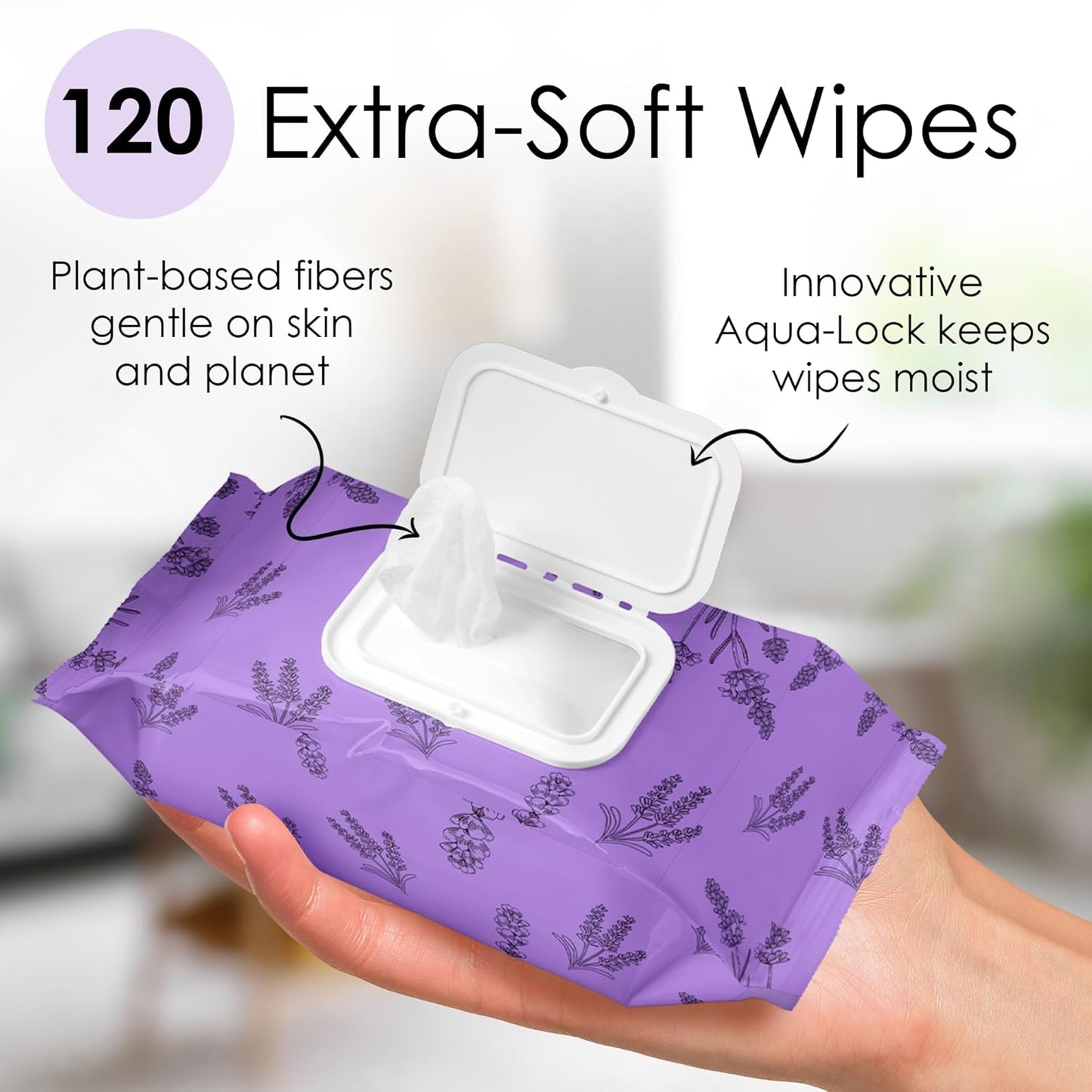 Lavender Face Wipes - 120 pcs - Gentle Makeup Remover Wipes for Women - Facial Cleansing Wipe with Aloe, Castor, Vitamin A and E - Extra Soft - Moisturizing