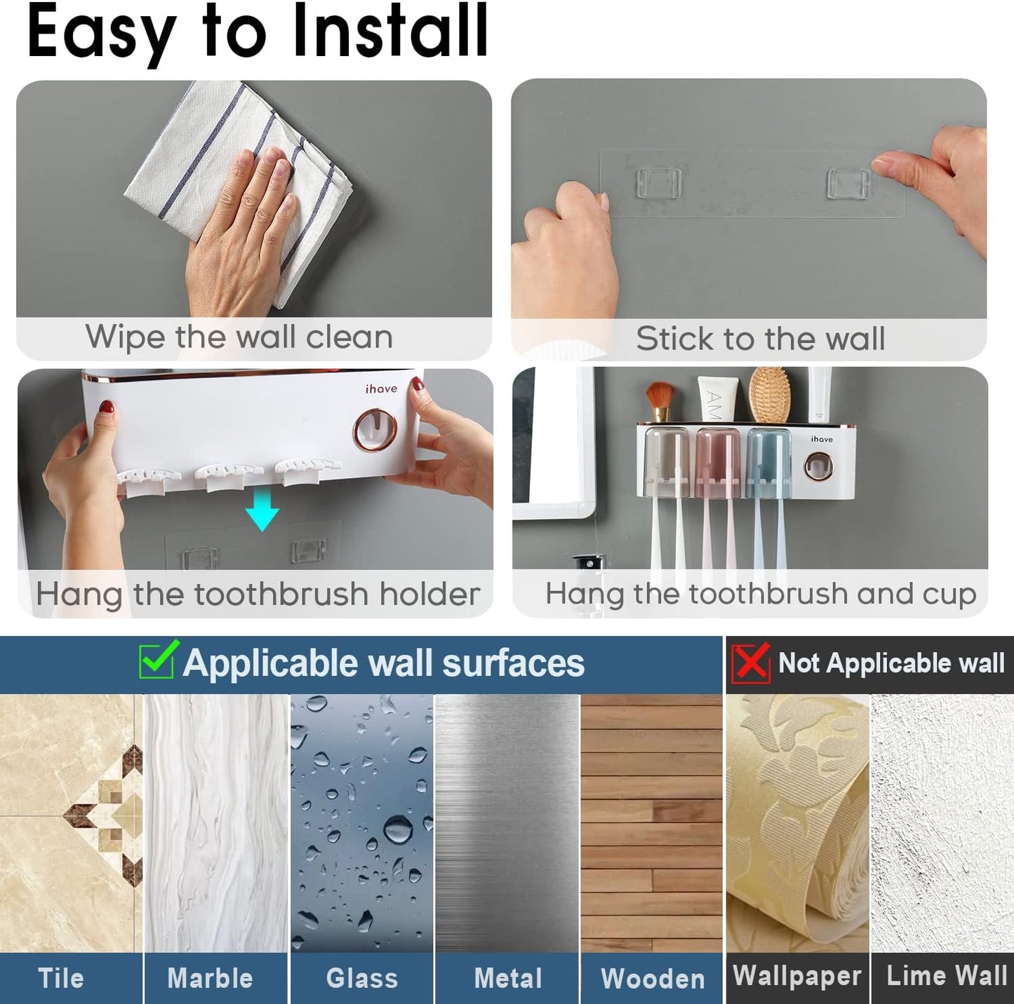 iHave Toothbrush Holders Bathroom Accessories with Toothpaste Dispenser, 3 Cups Toothbrush Holder Wall Mounted Bathroom Decor