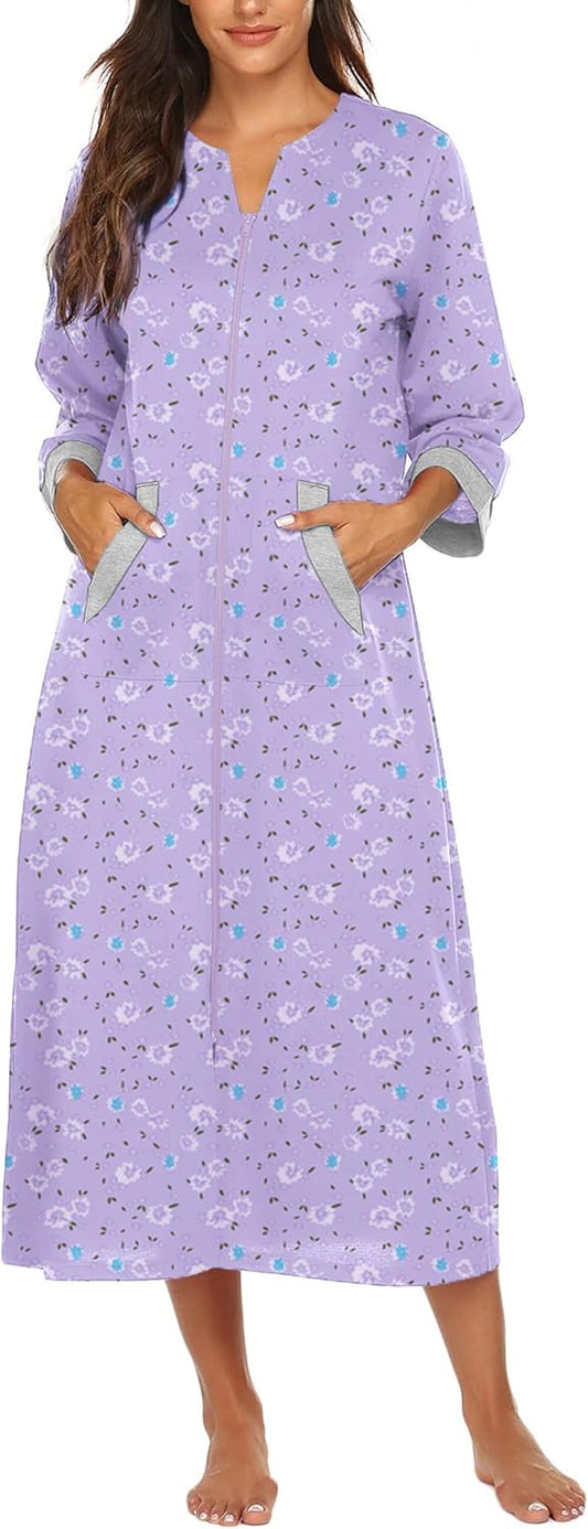Ekouaer Women Zipper Robe 3/4 Sleeves Loungewear Dress Full Length Sleepwear Pockets Housecoat Nightgown Long Bathrobe