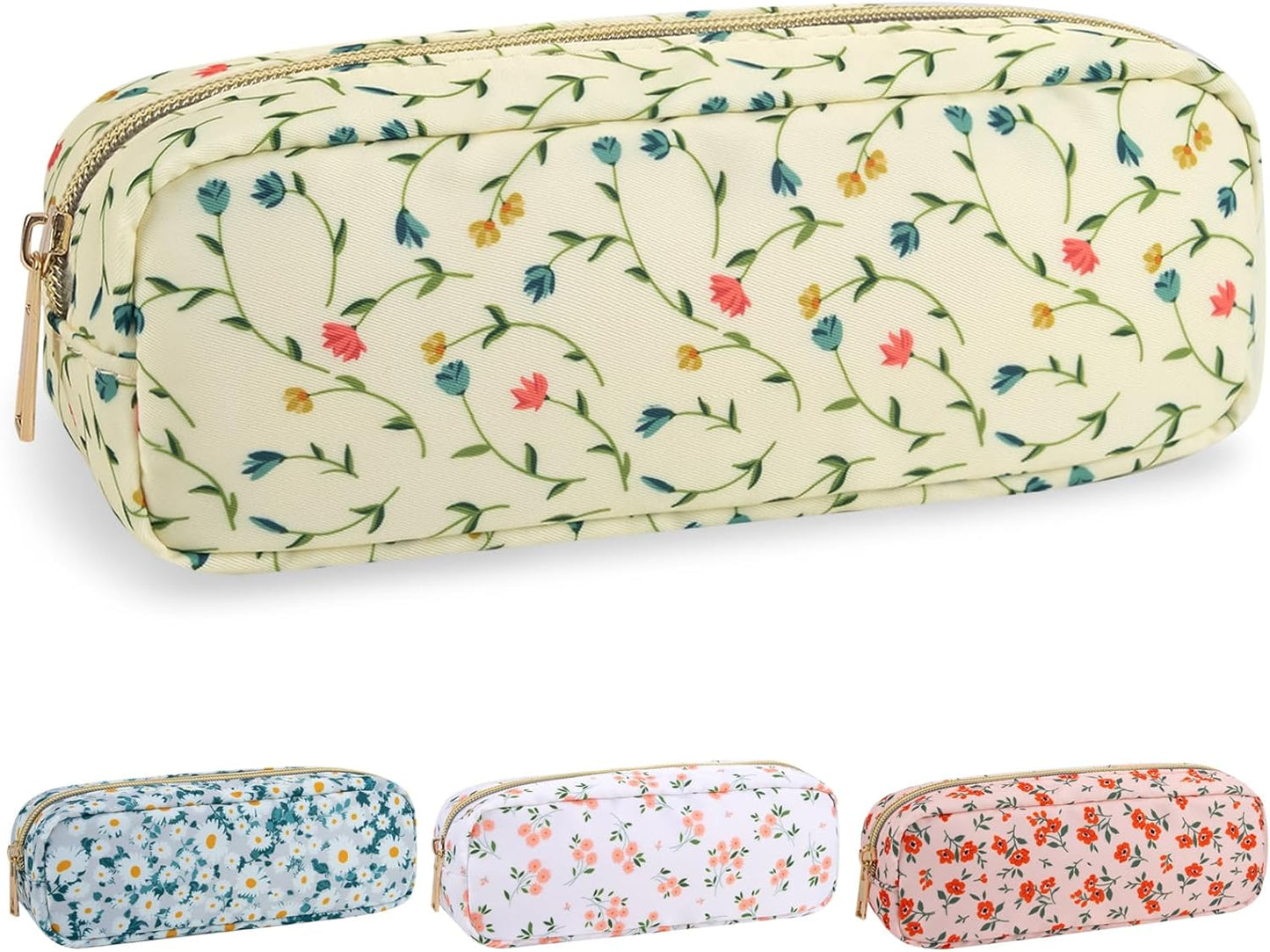 Nylon Small Floral Makeup Bag Slim Pouch, Preppy Cute Makeup Brush Case Bag Flower Cosmetic Zipper Pouch for Purse, Waterproof Travel Toiletry Bag Make Up Organizer for Women Girl(Light Yellow-Flower)