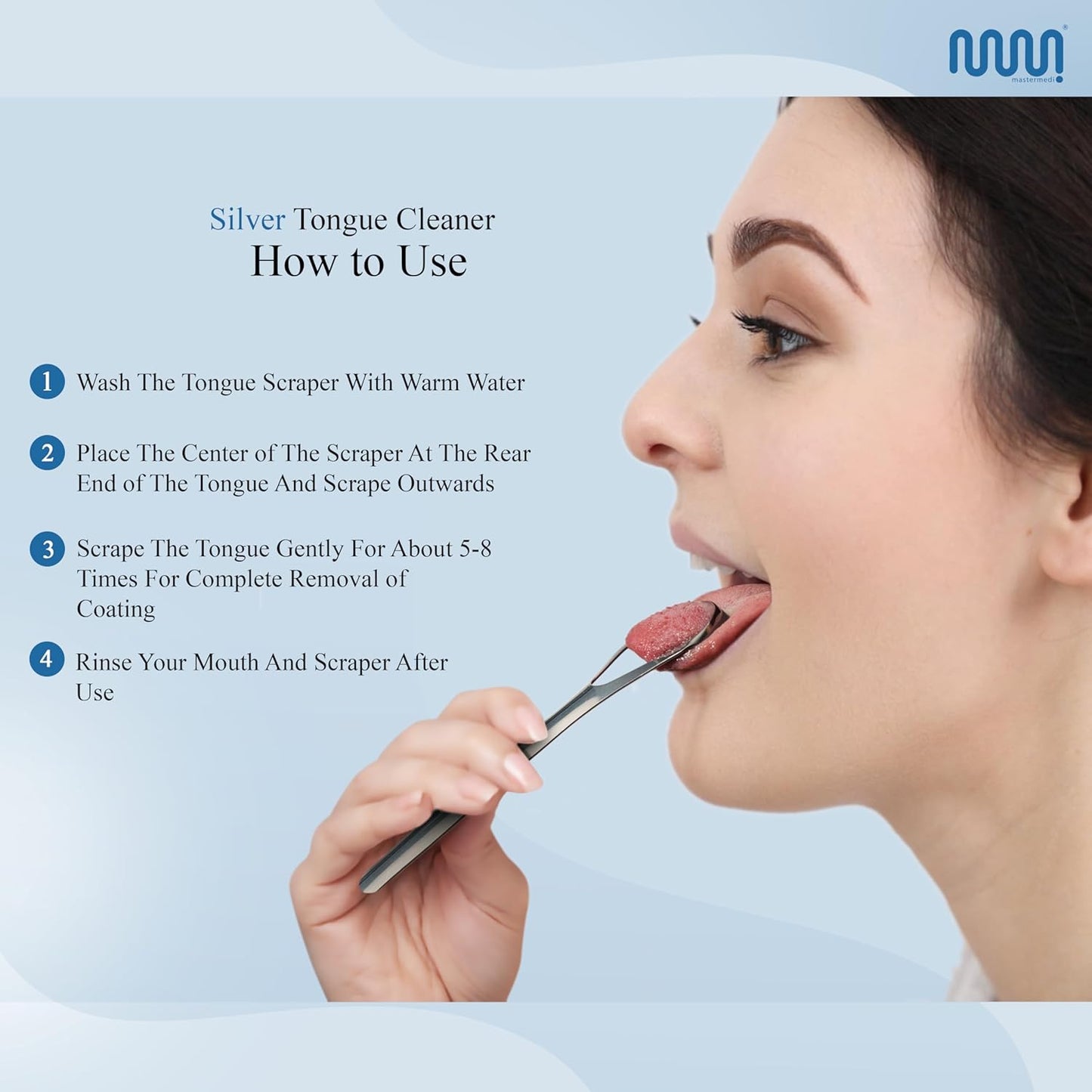 MasterMedi Tongue Scraper for Adults, 100% Stainless Steel for Bad Breath, Easy to Use, Tongue Cleaner for Oral Care (Pack of 3 with 1 Case)