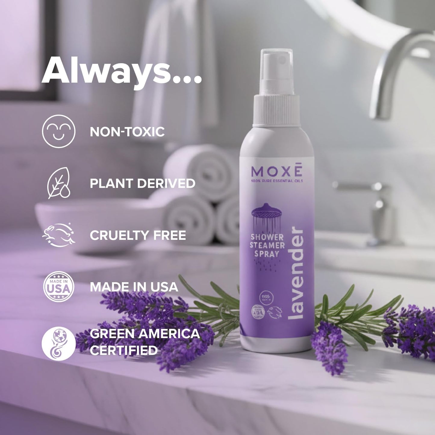 MOXE Lavender Oil Shower Mist, Spa Steam Spray, Certified Natural 100% Essential Oils, Made in USA, Aromatherapy, Tension Relief (4 FL Oz, Pack of 2)