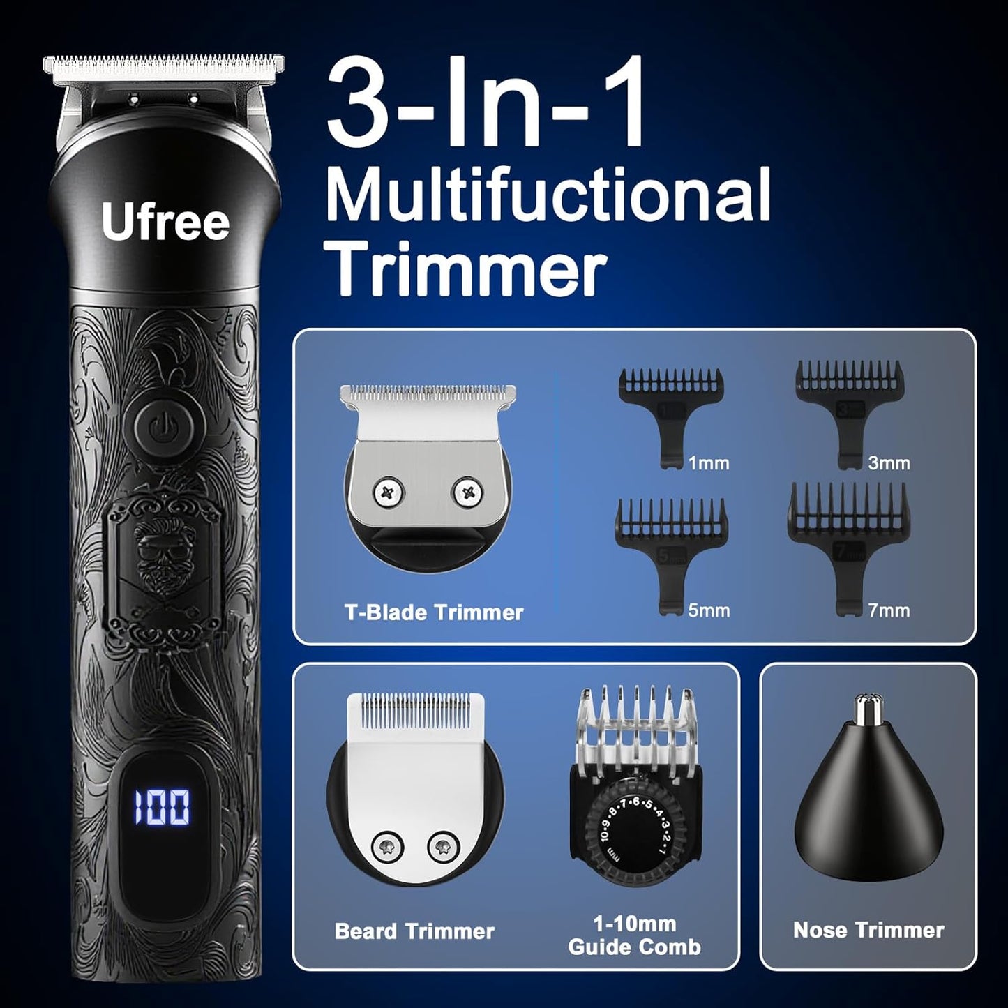 Ufree Beard Trimmer, Hair Clippers Mens Shaver Electric Razor, Hair Trimmer for Men Cordless Barber Clippers and Trimmers Set, Hair Cutting Kit for Men Grooming Gifts, Black
