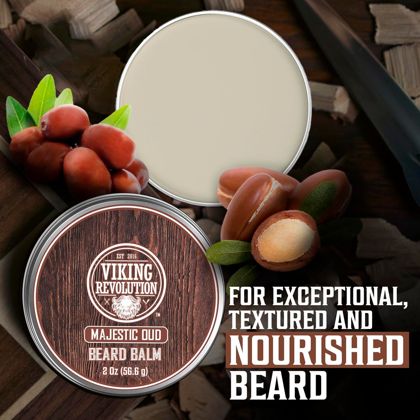 Viking Revolution Majestic Oud Beard Balm - Argan & Jojoba Beard Butter, Softener & Moisturizer with Beeswax - Wax for Men (2oz, 1 Pack)