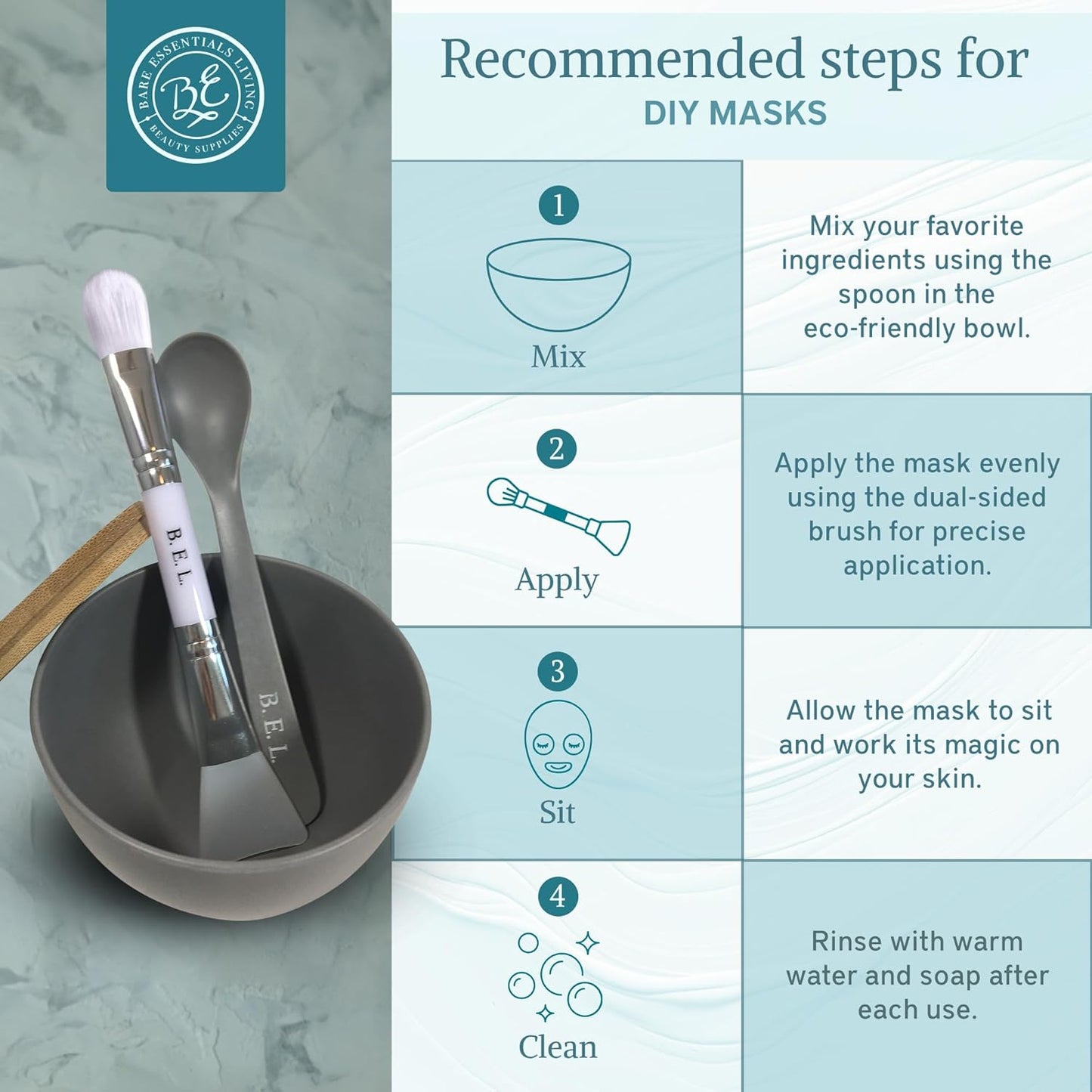 Bare Essentials Living - Clay Face Mask Mixing Bowl Set, Skin Care Kit Facial Bowls with Bamboo Lid, Face Mask Spoon, & Dual Sided Face Mask Brush Applicator for DIY Facials & Hair Mask (Blue Floral)