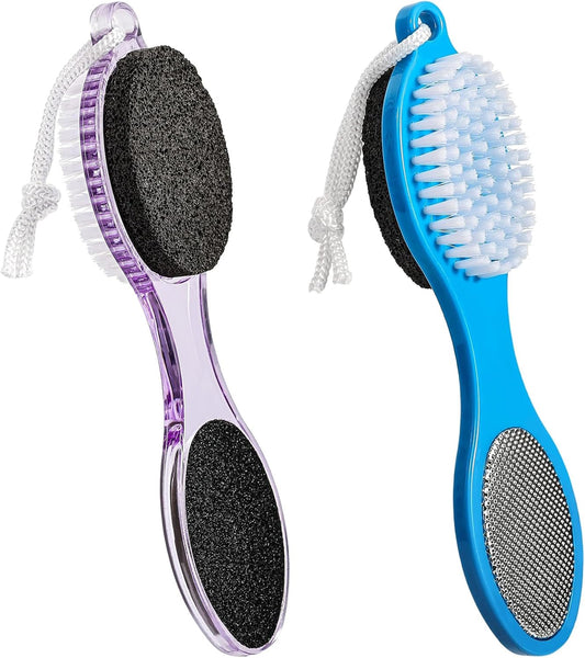 Pumice Stone Brush for Feet 4 in 1, Foot File Callus Remover, Foot Rasp and Sand Paper Pedicure Tools with Handle, Shower Foot Scrubber, Soft Smooth Feet for Home Foot Care,2 Pack