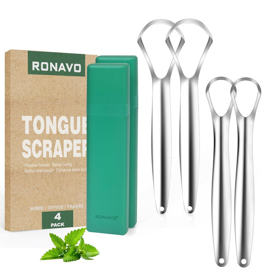 RONAVO Tongue Scraper Cleaner for Adults and Kids with Handy Travel Case, Professional Heavy Duty Scraper, Healthy Oral Care, Fights Bad Breath Odor, Easy to Use, 2 Sizes (4 Pack)