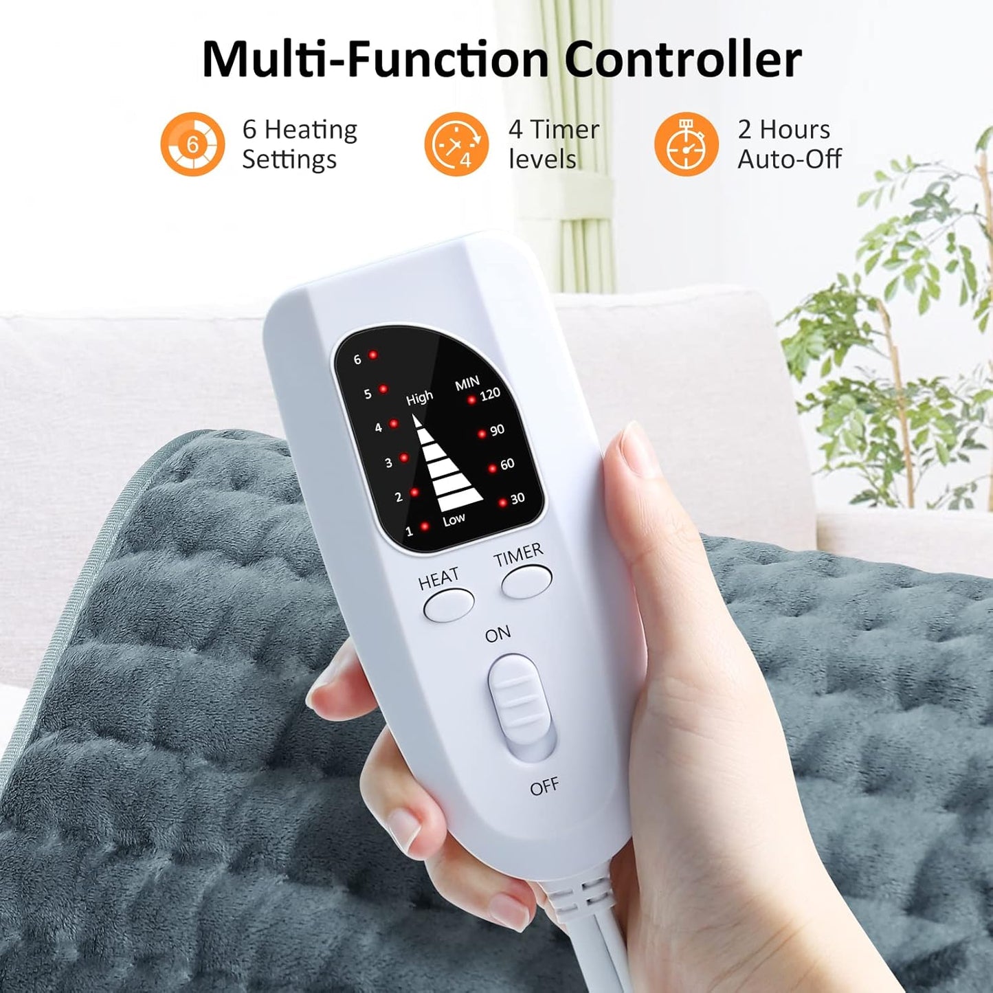 Electric Heating pad for Back/Shoulder/Neck/Knee/Leg Pain Relief, 6 Fast Heating Settings, Auto-Off, Machine Washable, Moist Dry Heat Options, Extra Large 12"x24"(Gray)