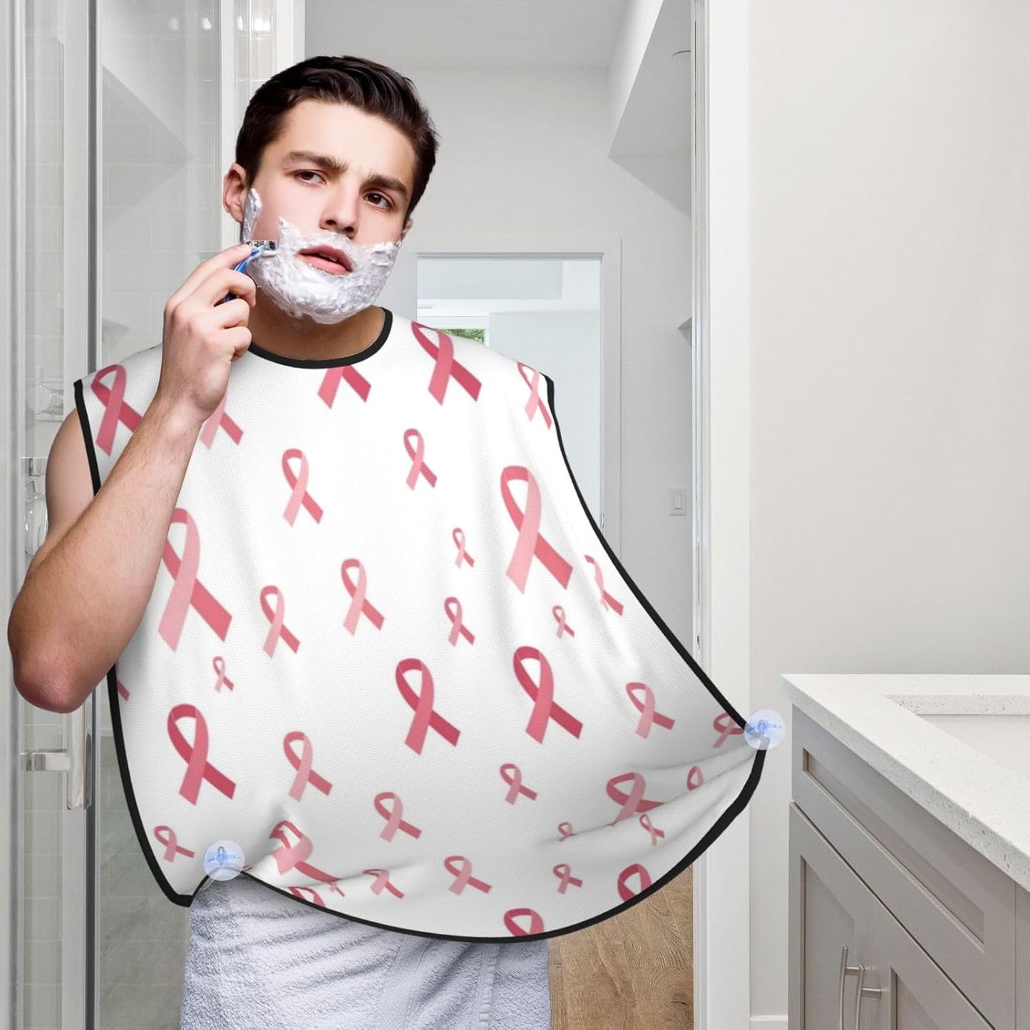 Waterproof Grooming Apron, Non-Stick Beard Bib with Suction Cups, for Breast Cancer Awareness Pink Ribbons White
