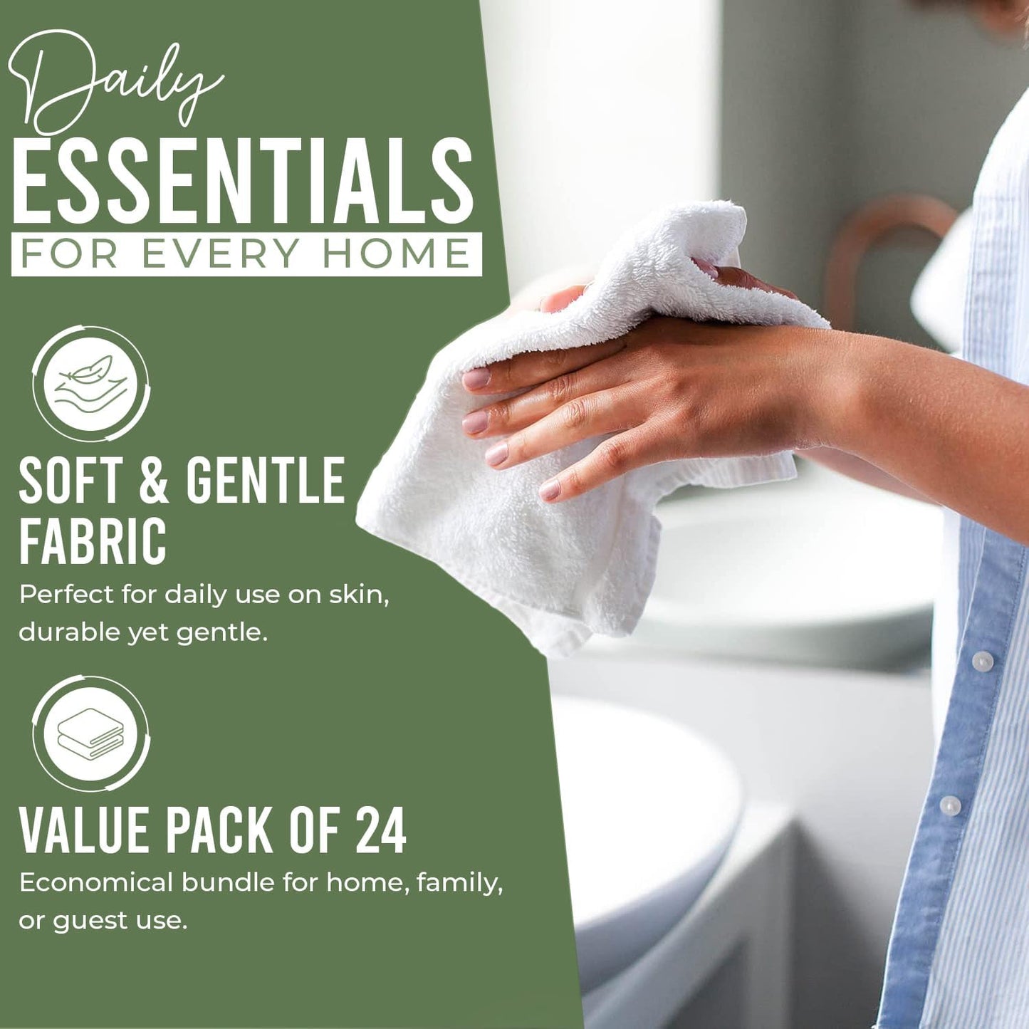 DAN RIVER 100% Cotton Wash Cloths 24 Pack [12x12] Soft & Absorbent washcloths for Showering, Gym, Hotels & Spa Perfect for Everyday Use Fingertip Towels, Sage Green