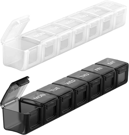 Sukuos Extra Large Weekly Pill Organizer 2 Pcs, Easy to Open Daily Pill Box 7 Day Medicine Cases for Vitamin, Fish Oils or Supplements (Black&White)