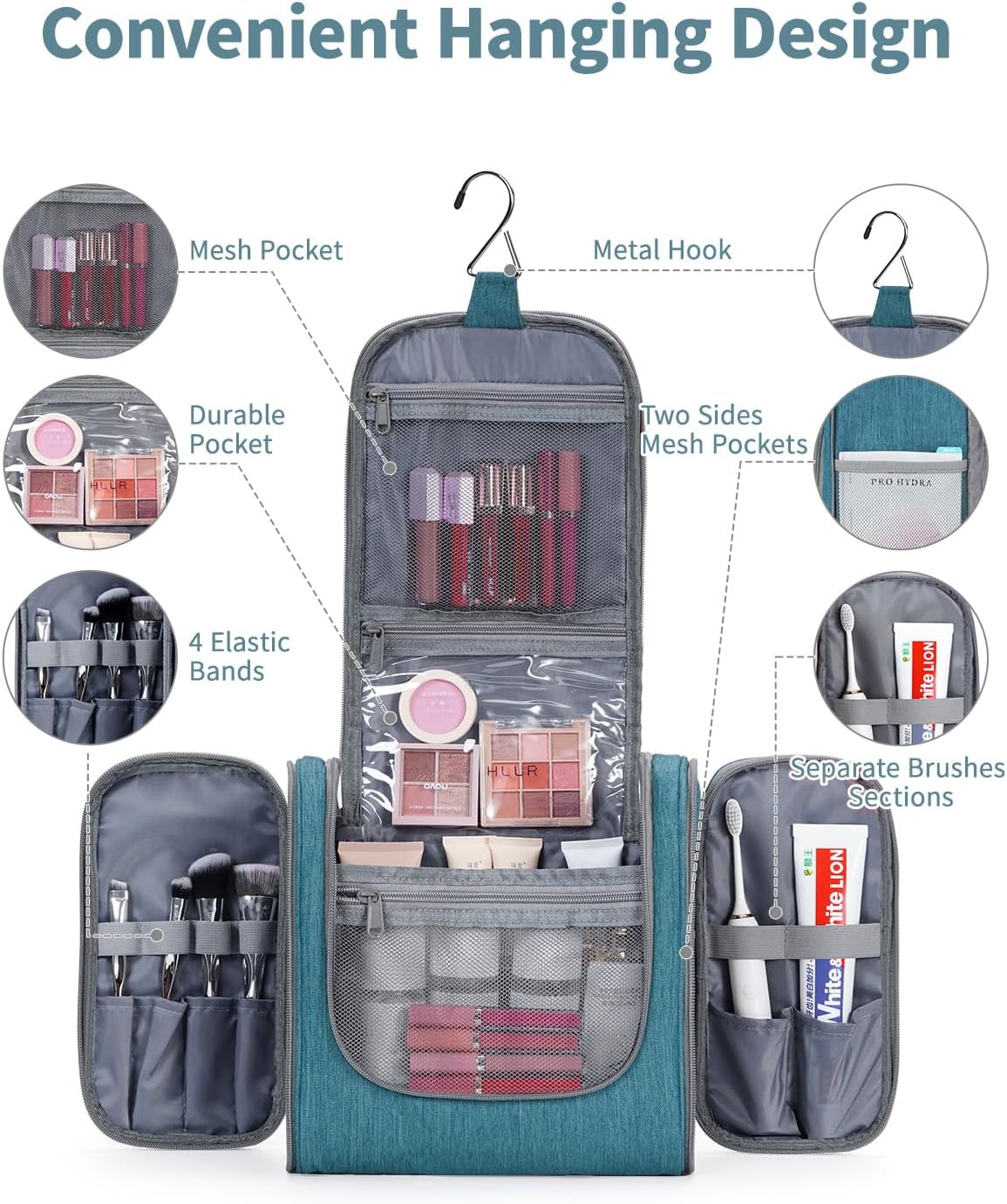 Narwey Hanging Toiletry Bag for Women Travel Makeup Bag Organizer Toiletries Bag Men for Cosmetics Essentials Accessories (Large, Teal)