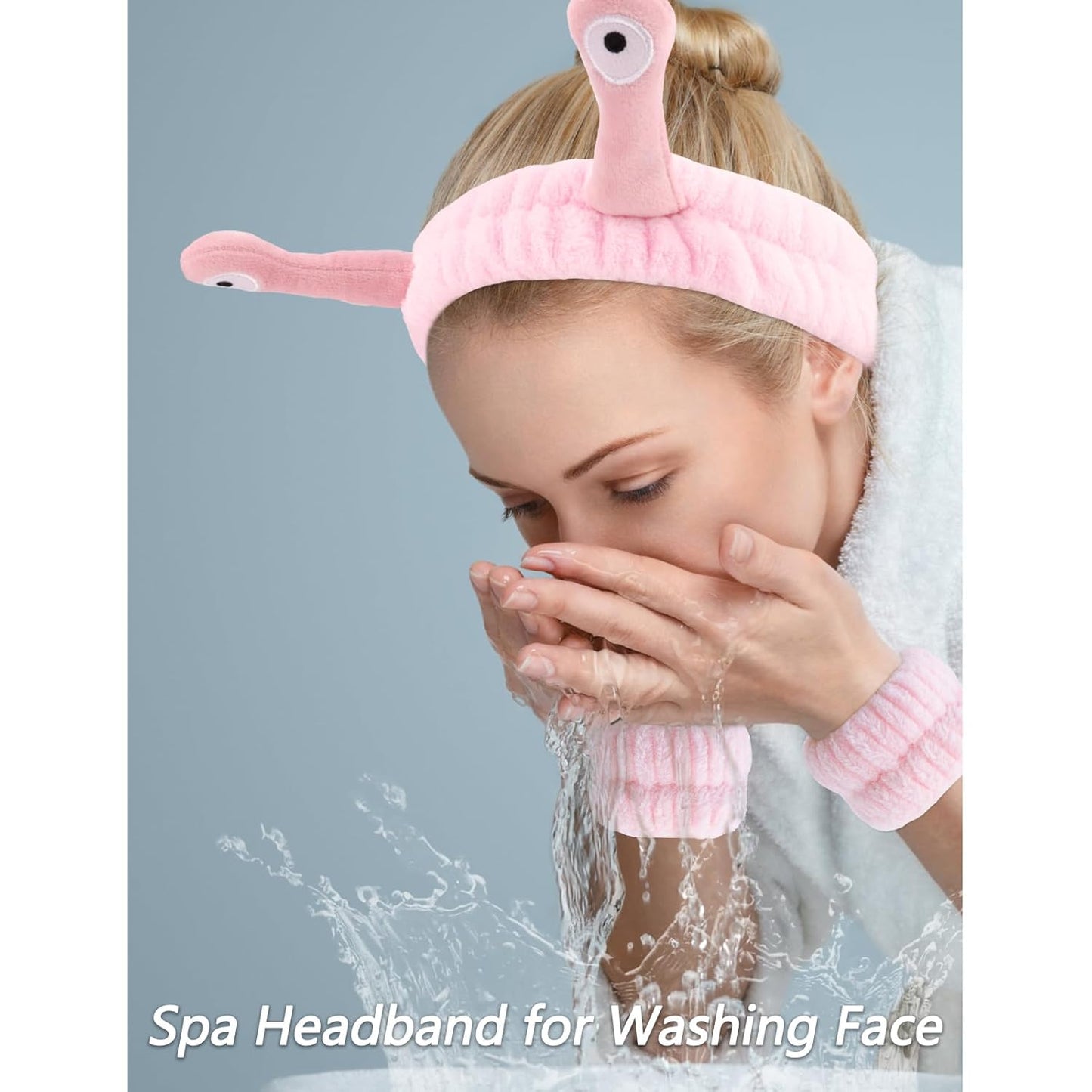 VELSCRUN Spa Headband, Makeup Face Wash Skincare Headbands, 5 Pcs Sponge Get Ready Snail Hairband Facial Wristband Hair Clip Set, Stuff for Teen Girls Women Trendy Hair Accessories Sakura Pink