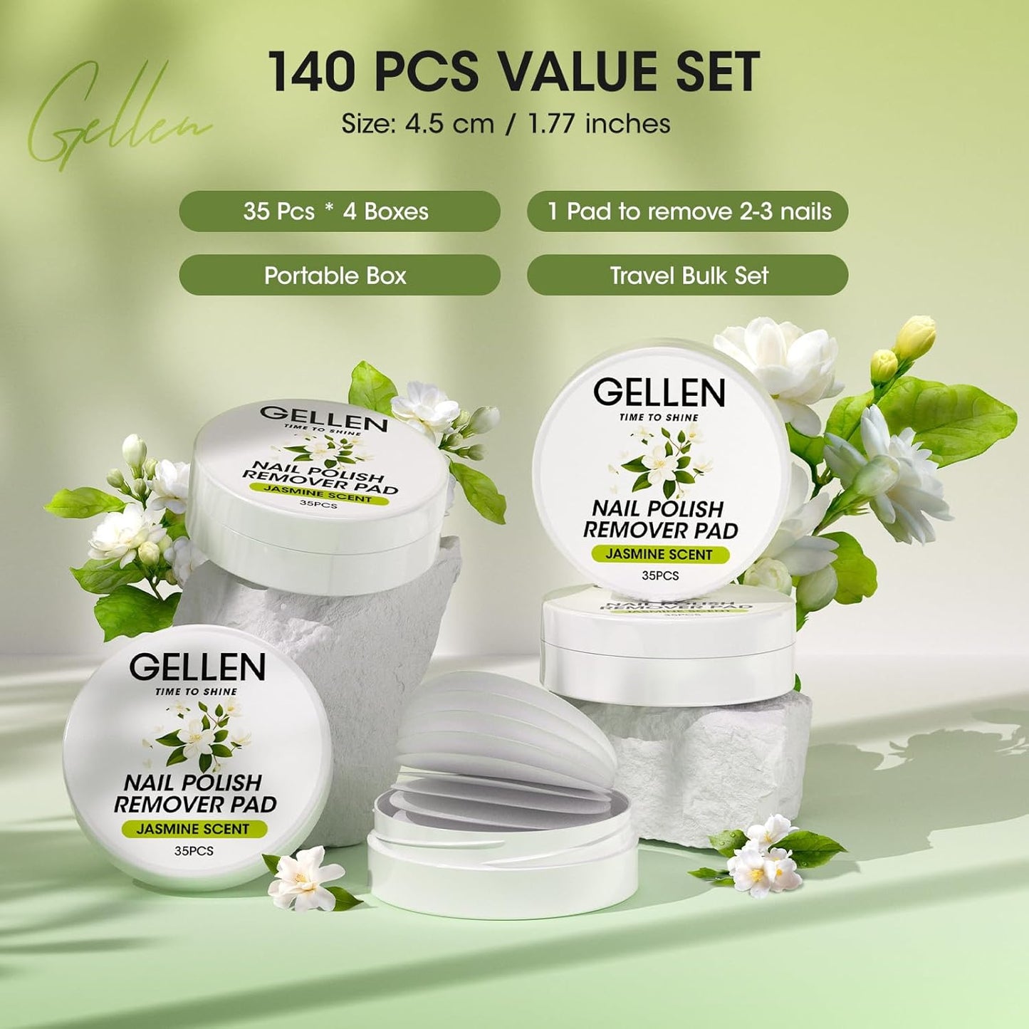 Gellen Nail Polish Remover Pads Non-Acetone Traditional Nail Polish Remover Wipes, 140pcs Travel Wets Bulk Set For Clearing Regular Manicure Salon Home, Jasmine Scent