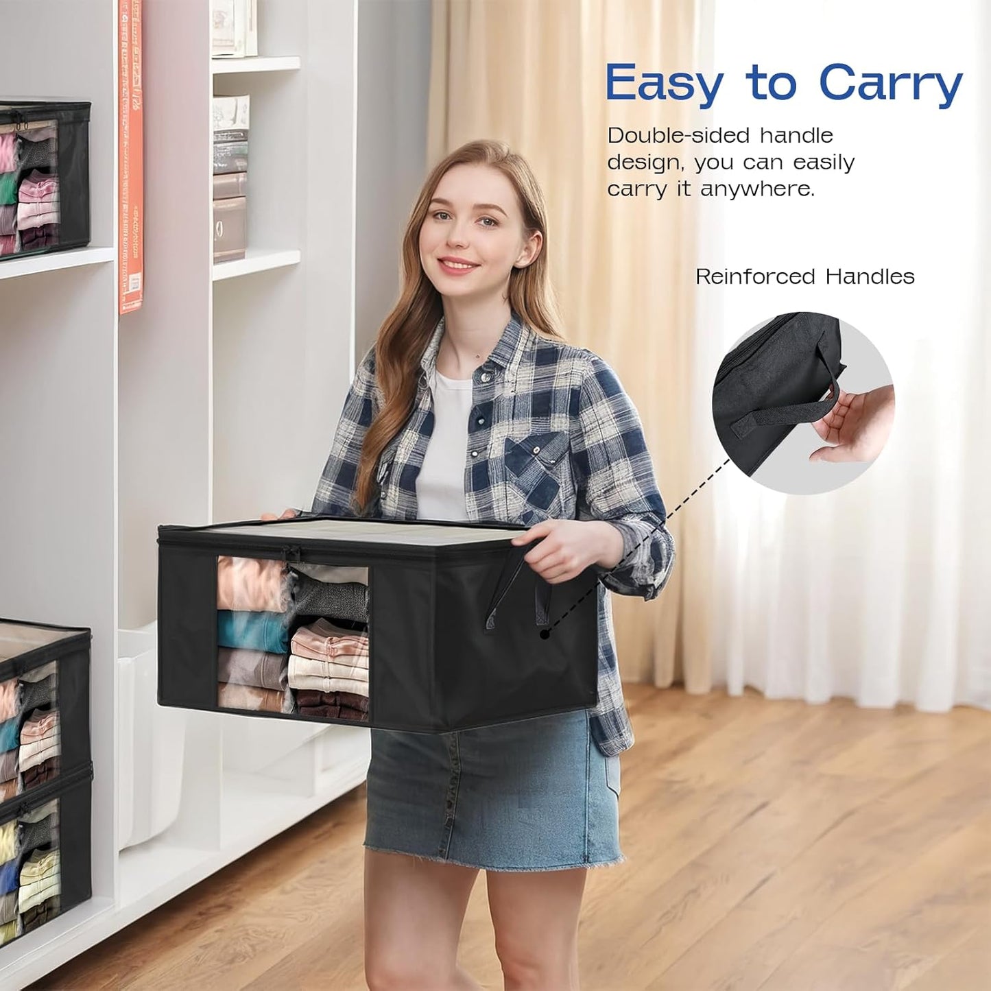 Clothes Storage Bags, Foldable Thick Fabric Blanket Storage Bags, Large Clear Window & Carry Handles, Great for Clothes, Blankets, Closets, Pillows, Toys (Black, 6PACK)