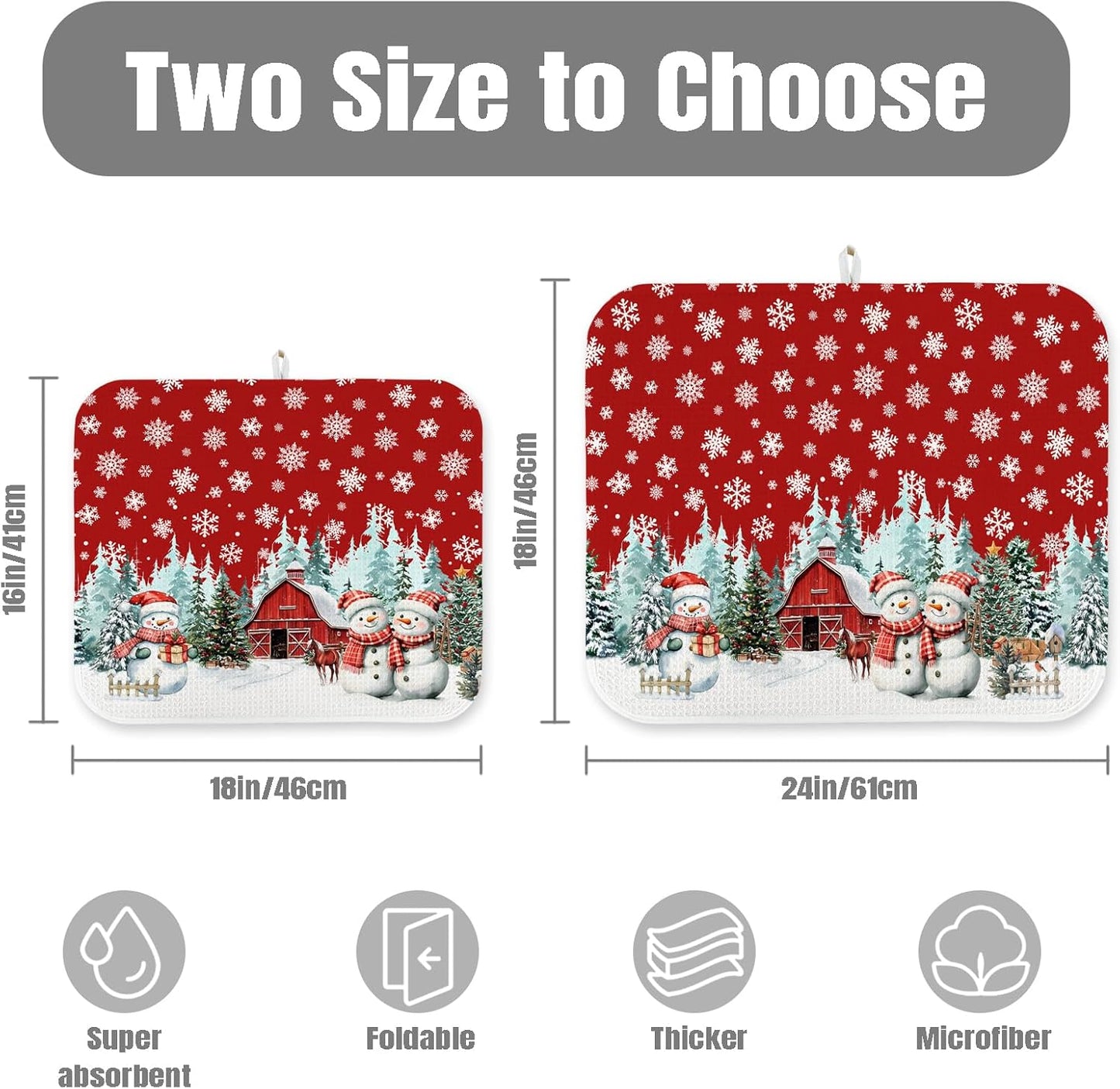 Dish Drying Mat for Kitchen Counter Large 16" x 18" Christmas Farmhouse Rustic Snowman Absorbent Microfiber Dishes Drainer Rack Mats Pad Reusable Washable