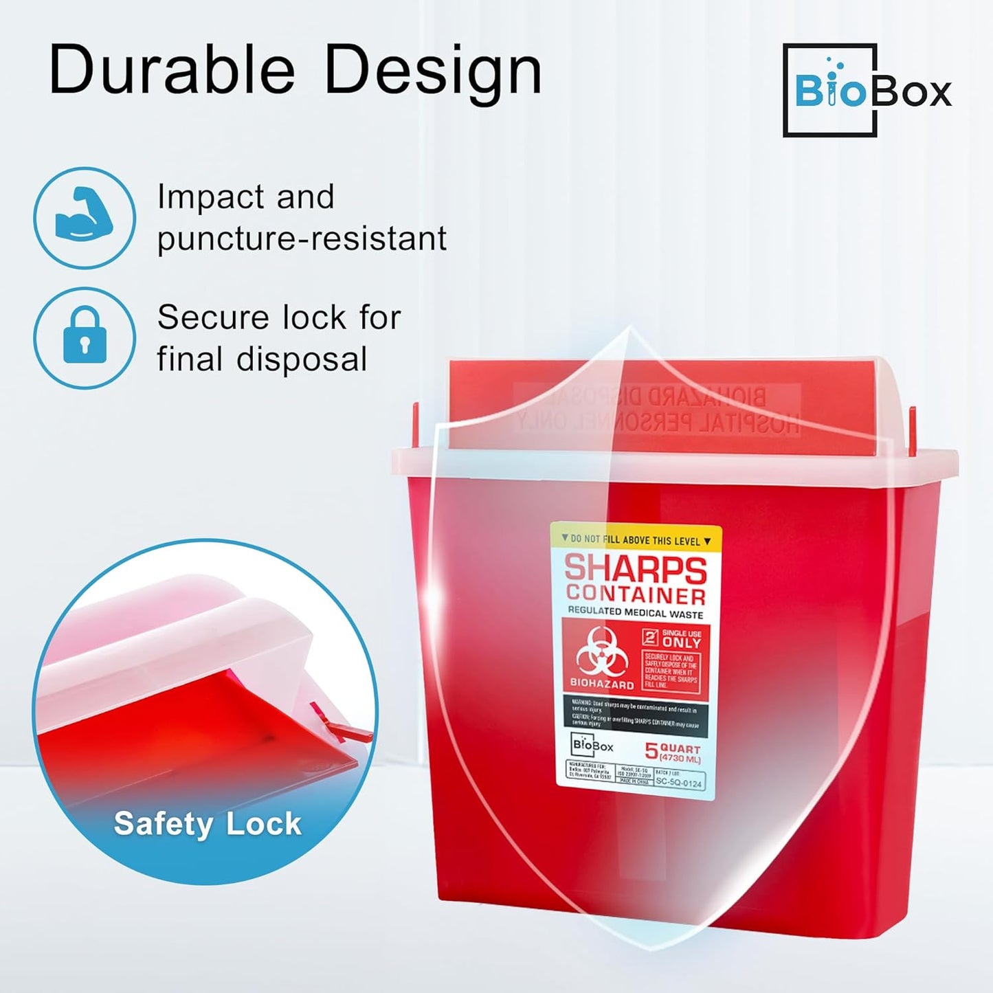 Sharps Container Large - Sharps Containers for Home Use and Labs - Portable Needle Disposal and Travel Size Biohazard Bin - 5 Quart (Pack of 1)