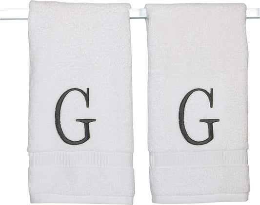 Dark Gray Powder Room Hand Towel - Monogram Initial Hotel Quality Decorative Embroidered Luxury Towel for Spa - GOTS Organic Certified - Set of 2 Letter G